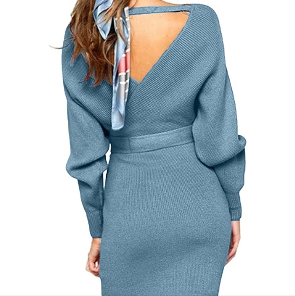 Sweater Dresses Batwing Long Sleeve Backless Bodycon Blue Size L - Picture 3 of 3